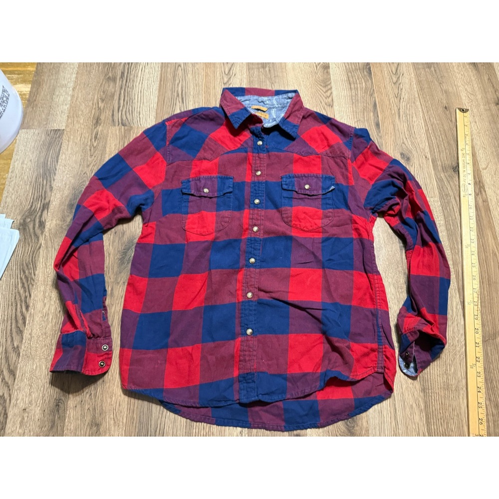 Jachs Girlfriend Shirts Women Size M Red Blue Plaid Western Snap Button Flannel